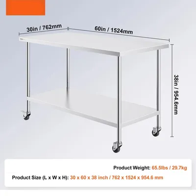 Produktbild von Verstellbarer Edelstahl-Arbeitstisch – Edelstahl-Werkbank mit Rollen – 1524 x 762 mm