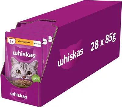 Produktbild von Whiskas Adult Sachet – komplettes Nassfutter für Erwachsene Katzen mit Huhn in Gelee, 28 x 85 g
