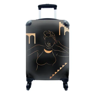 Produktbild von MuchoWow® Koffer Handgepäck Trolley Rollkoffer Kleine Reisekoffer mit 4 Rollen - Frau - Gold - Strichzeichnung - Cabin Size < 55x40x23 cm & 55x40x20 cm - Fotokoffer - Kabinenkoffer - Boardgepäck - Reise-Box - Reisekoffer - Reisegepäck - Koffer mit Bild - Trolley für Kinder