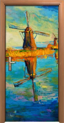 Produktbild von Türposter 90x200 cm Türaufkleber Türtapete Türfolie Klebefolie Deko Malerei Windmühlen Wasser Gras