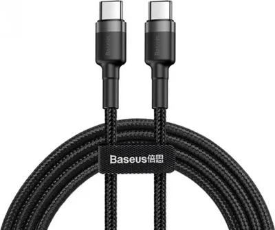 A black USB Type-C cable with two connectors and a branded strap.