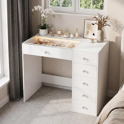 Image de VANITII Coiffeuse avec éclairage LED 6 Tiroirs Blanc 92 x 55 x 81 cm