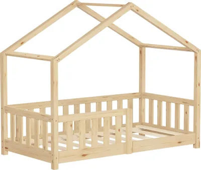 Produktbild von ML-Design Kinderbett Hausbett 70x140 cm Natur, Holzbett mit Rausfallschutz Lattenrost und Dach Spielbett aus massivem Kiefernholz für Kinder Bodenbett
