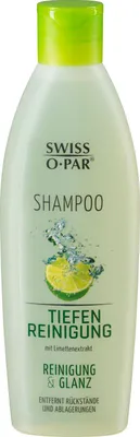 A bottle of Swiss-o-Par shampoo with a lime graphic.