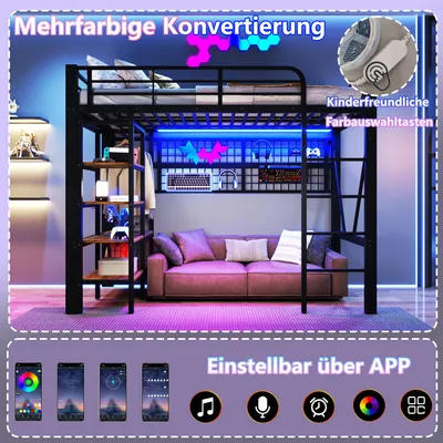 Produktbild von okwish Jugendbett Metallbett 90x200 Hochbett mit Schubladen,Hochbett mit LED-Lichtleiste,Einzelbett mit Hängende Netze und Kleiderbügel,offener Raum unter dem Bett(ohne Matratze)Schwarz