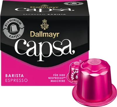 A product shot of Dallmayr Capsa Espresso Barista coffee capsules, showing the product box and a single capsule.