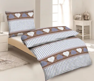 Produktbild von 2-teilig Mikrofaser Bettwäsche Set Bettgarnitur Bettbezug Übergröße 155x220 Kissenbezug 80x80 Karo Herz NEU Braun Blau Landhaus