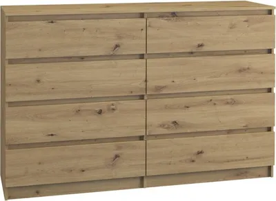 A front view of a wooden dresser with eight drawers.