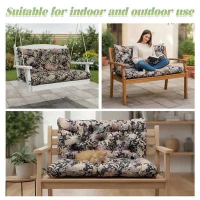 Image de Coussin pour banc de jardin 120 x 100 x 10 cm, coussin d'assise d'extérieur pour banc de jardin (2 à 3 personnes), coussin rembourré pour balancelle, motifs de fleurs marron