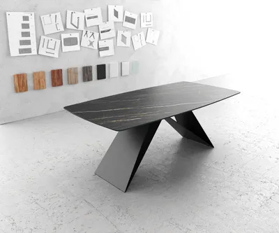 Produktbild von DELIFE Esstisch Edge Bootsform 200x100cm Laminam® Keramik Noir Desir Braun V-Mittelfuß Schwarz