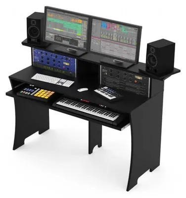Produktbild von Glorious Studio-Werkbank Schwarz, Tastaturauszug, erhöhte Ebene, schwenkbare Monitorständer, 19-Zoll-Rack