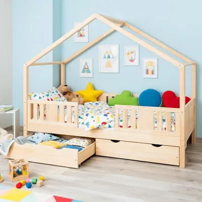 Produktbild von MEBLE WRÓBEL Kinderbett 80x180 cm – Bett mit 2 Schubladen Rausfallschutz & Lattenrost - Hausbett aus Kiefer Unlackiert - Kleinkindbett für Jungen & Mädchen - Standhöhe 20 cm