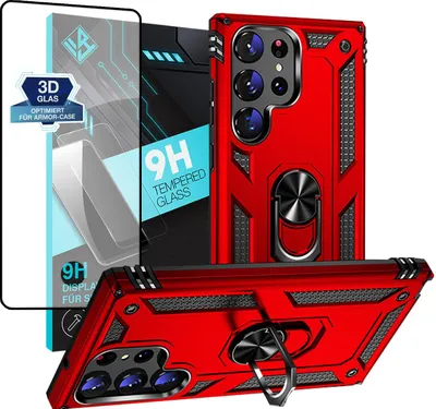 Produktbild von Armor Outdoor Handyhülle für Samsung Galaxy S23 Ultra Handy Panzer Case Schutzhülle mit 9H Displayglas Displayschutz Farbe: Rot