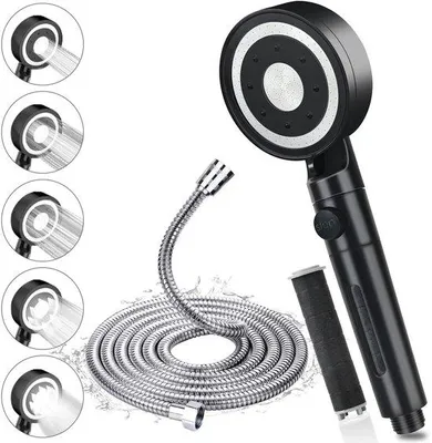 Produktbild von Hochdruck-Duschkop mit 5 Spritzstrahlen, Wasserbesparender Duschkop mit Filter, Schwarz, für Erwachsene, Kinder, Haustiere