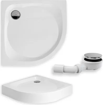 A white corner shower tray and a white drain assembly are shown against a white background.