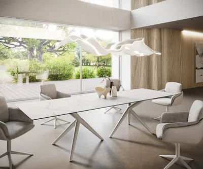 Produktbild von DELIFE Esstisch Edge 300x100 Keramik Laminam®Statuarietto Weiß Estelar rund Metall Weiß