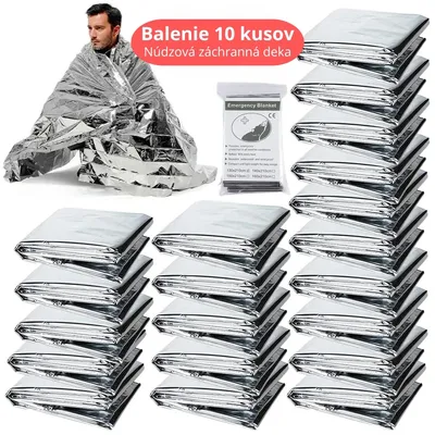 Obrázok produktu pre Sada 10 núdzových záchranných prikrývok 130x210 cm – termálna mylarová fólia, strieborná