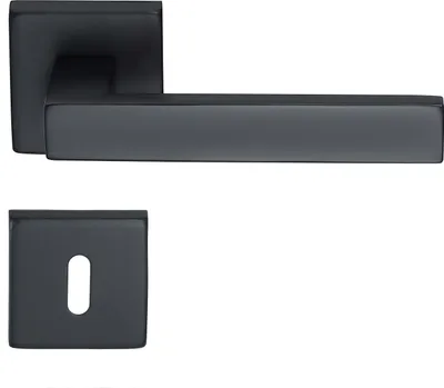 A black door handle set with a keyhole escutcheon on a white background.