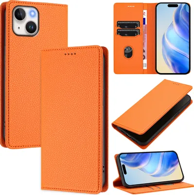 Produktbild von Litchi Leder Handyhülle für iPhone 13/iPhone 14 Wallet Kartenfächer Standfunktion Hülle Orange