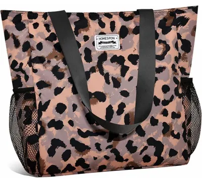 Image de Grand sac de plage étanche avec fermeture éclair et poches, motif léopard, dimensions : 38 x 36 x 14 cm