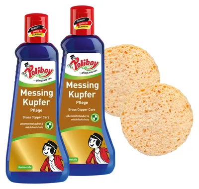 Produktbild von Poliboy Messing Kupfer Pflege 2er Set - je 200ml - inklusive Schwämmen - gegen Anlaufstellen - mit Carnaubawachs