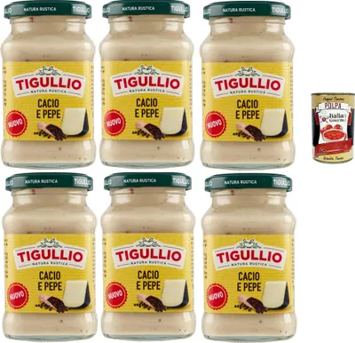 Produktbild von Star Tigullio sugo Cacio und Pepe -Sauce mit Pecorino Romano Dop creme. Glutenfrei, 6x 185g + Italian Gourmet polpa 400g