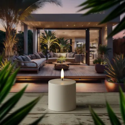 A white LED candle with a lit flame is placed on a wooden surface in the foreground. In the background, a modern outdoor living space with comfortable seating and lush greenery is visible.
