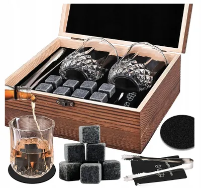 Zdjęcie produktu dla Zestaw Do Whisky Dla Mężczyzn Kamienie Granitowe + 2 Szklanki + Akcesoria