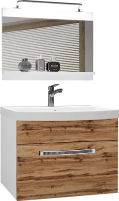 Produktbild von BELINI Badmöbel Vollausstattung Set Waschbeckenschrank, Waschbecken, Spiegel, Lampe (Wotan Eiche, Matt)