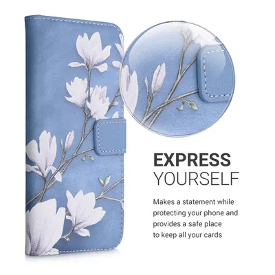 Produktbild von kwmobile Wallet Case für Samsung Galaxy A52 / A52 5G / A52s 5G, Kunstleder mit Ständer, Kartenfächern und Magnetverschluss, Magnolien Taupe / Weiß / Blaugrau
