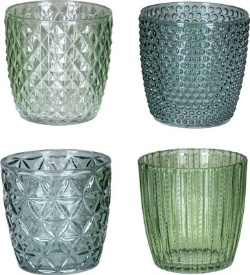4er Set Windlicht H7,5cm Glas Grün Teelichthalter Tischdeko Kerzen Retro Deko