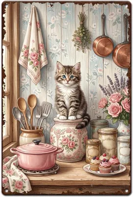 Productafbeelding van Wandbord Metaal Kat - Decoratief Bordje 30x20 cm - Wanddecoratie Keuken - Kattenmotief
