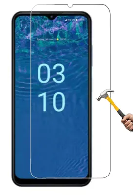 A screen protector is shown being tested with a hammer on a smartphone.