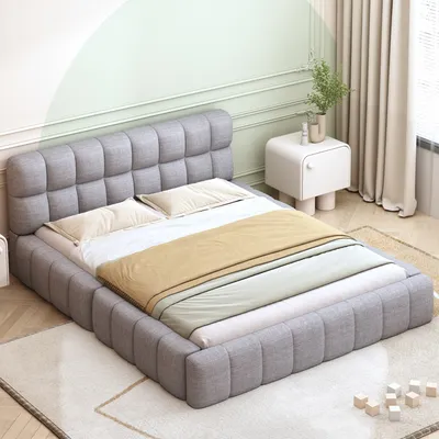 Produktbild von Polsterbett mit Lattenrost und gepolstertem Kopfteil, 140x200 cm, Doppelbett, Leinen