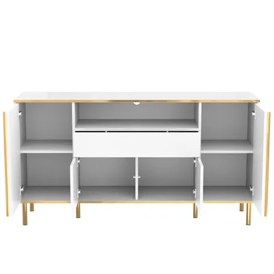 Produktbild von Merax Sideboard hochglanz mit LED-beleuchtung, Kommode mit goldenen Rahmen, Anrichte mit 4 Türen, Sideboard Schrank 150x40x80cm, Weiß