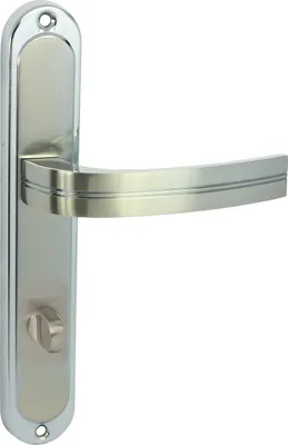 Produktbild von DOMINO Türgriff 78 Drückergarnitur WC - Badezimmer Set | Links & Rechts Türbeschlag für WC/Badezimmertüren | L-Form | Türbeschläge aus Aluminium | Chrom Nickel Türdrückergarnitur  DEKAN M6/M9