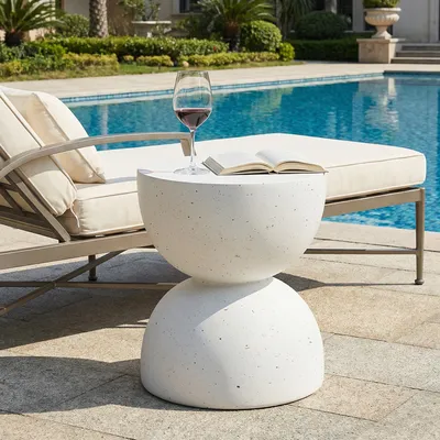 Produktbild von Beistelltisch für Außenbereich aus MgO – leichter & moderner Gartentisch, Terrassen-Beistelltisch & Couchtisch für Garten, Balkon & Pool, Terrazzo Weiß