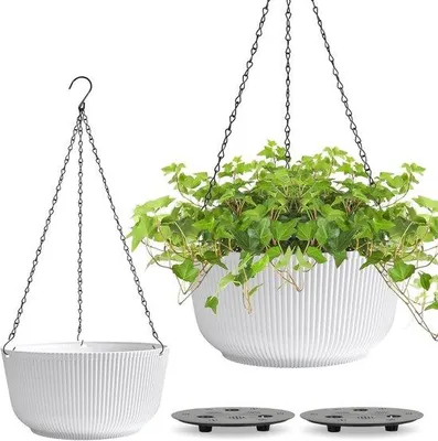 Produktbild von Hängeende Blumentöpfe für Außenpflanzen - 2 Stück selbstwassende Pflanzpotten - Hängebeutel für Pflanzen - Hängepflanzentopf mit Entwässerung und Pflanzenhaken weiß