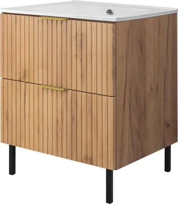Produktbild von Waschtischunterschrank, Mattweiß, Eiche Craft mit goldener Griff, B 60 cm