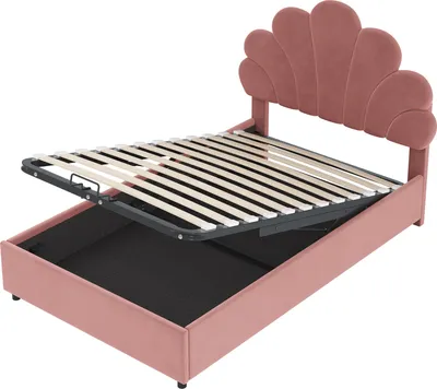 Immagine prodotto di Letto imbottito per bambini 90 x 200 cm, con testata e rete a doghe, con testata regolabile in altezza e contenitore idraulico, rosa