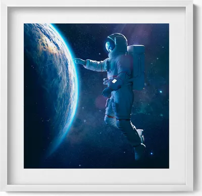Produktbild von Kosmonaut und Planet Erde– Wandbild mit Rahmen – Gerahmtes Bild  – Wanddekoration – 50x50 cm –  Weiß Rahmen