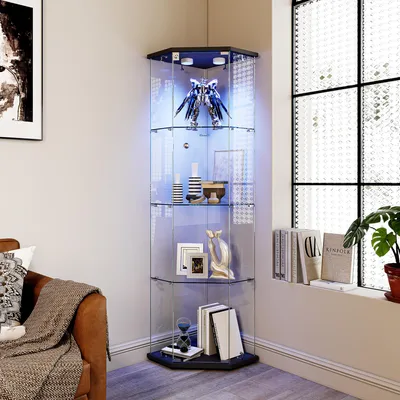 Produktbild von UnboxG 5-eckige Standvitrine mit LED-Beleuchtung Glasvitrine 1 Tür 4 Ablagen schwarzer Bodenplatte Eckvitrine für Wohnzimmer Esszimmer Büro 60x42,5x162 cm