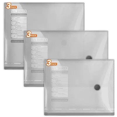 Obrázek produktu pro Vakuové sáčky na oblečení, 9 kusů, rozměry: 3x 40x50 cm, 3x 40x60 cm, 3x 50x60 cm, opakovaně použitelné, šedé s proužky