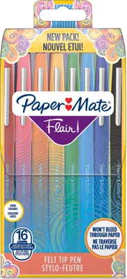 Produktbild von Paper Mate Flair Filzstifttift | mittlere Spitze (0,7 mm) | farblich sortiert | Tasche mit 16 Stiften