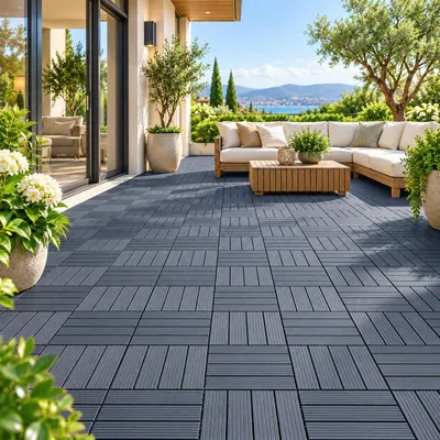 Produktbild von 44 Stück PP-Terrassenfliesen 30x30x2 cm, 4 m², Klickfliesen mit geraden Lamellen, Drainage, rutschhemmend & wetterfest, für Balkon & Terrasse, Grau