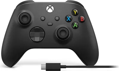 A black Xbox wireless controller with a USB-C cable attached, shown against a white background.
