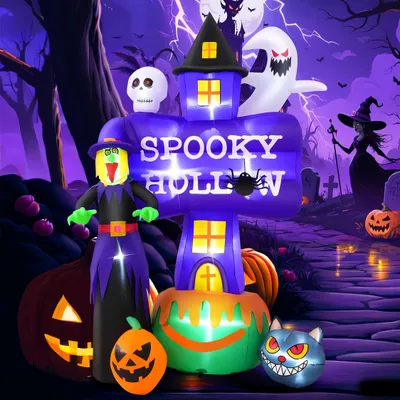 Zdjęcie produktu dla Halloweenowa nadmuchiwana dekoracja zewnętrzna 2,5 m straszny duch ze światłami LED, kotem czaszką i dynią na imprezę w ogrodzie na zewnątrz