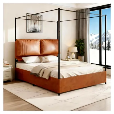 Produktbild von Himmelbett Bettgestell 140x200cm mit Stauraum und zwei Leder-Weichkissen, Metallbett Bettrahmen Lattenrost Doppelbett Jugendbett Schlafzimmerbett Schwarz