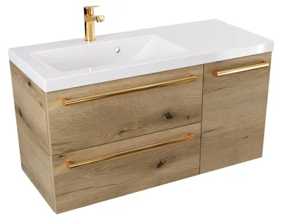 Produktbild von ATHD Wandhängender Waschtischunterschrank mit Waschbecken, 90 cm Tiefe, links - Evoke Matt Eiche - Griffe aus poliertem Gold