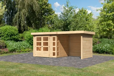 Produktbild von Karibu Gartenhaus Gerätehaus Kerko 3 im Set mit Anbaudach 2,40 m Breite und 19 mm Seiten- Rückwand naturbelassen 462x217x211 cm